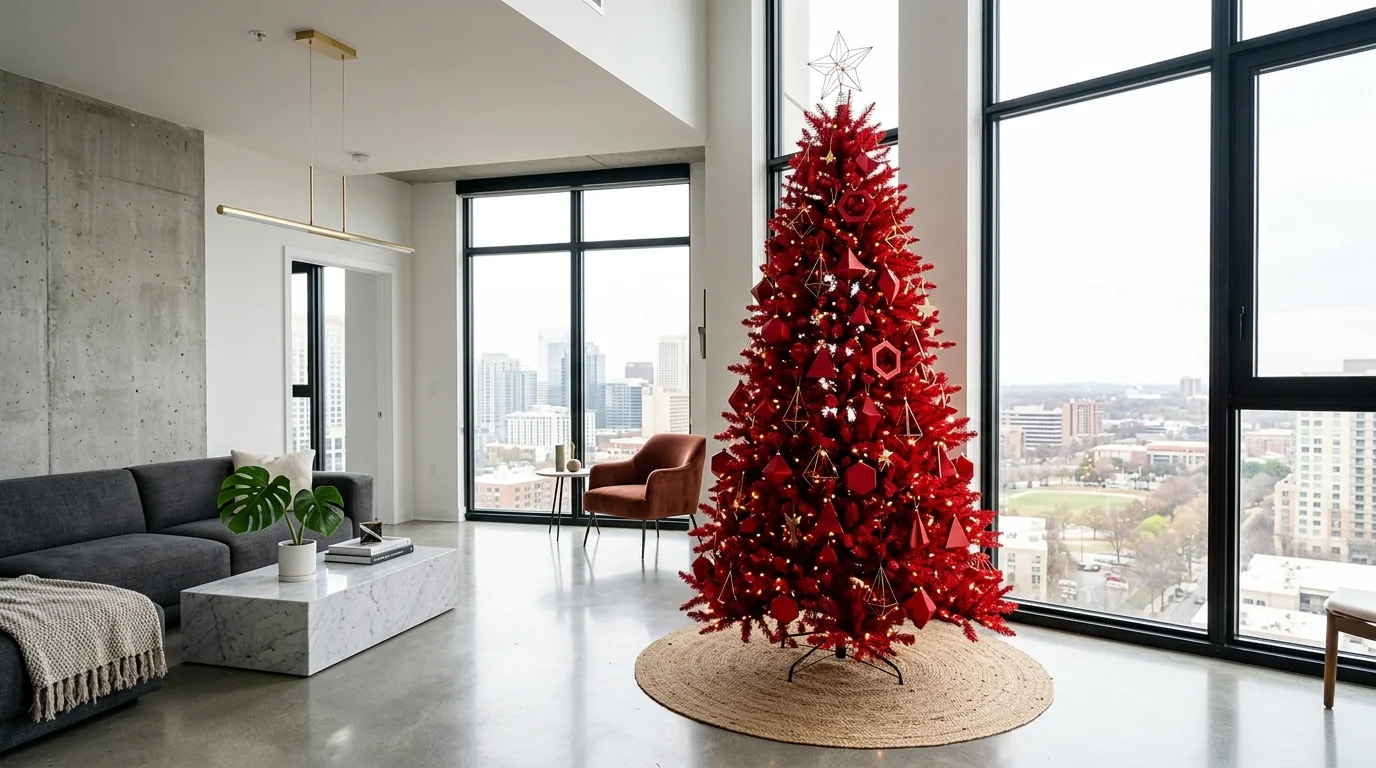 A red Christmas tree decorated with red berry stems, florals, and dramatic festive accents, no people