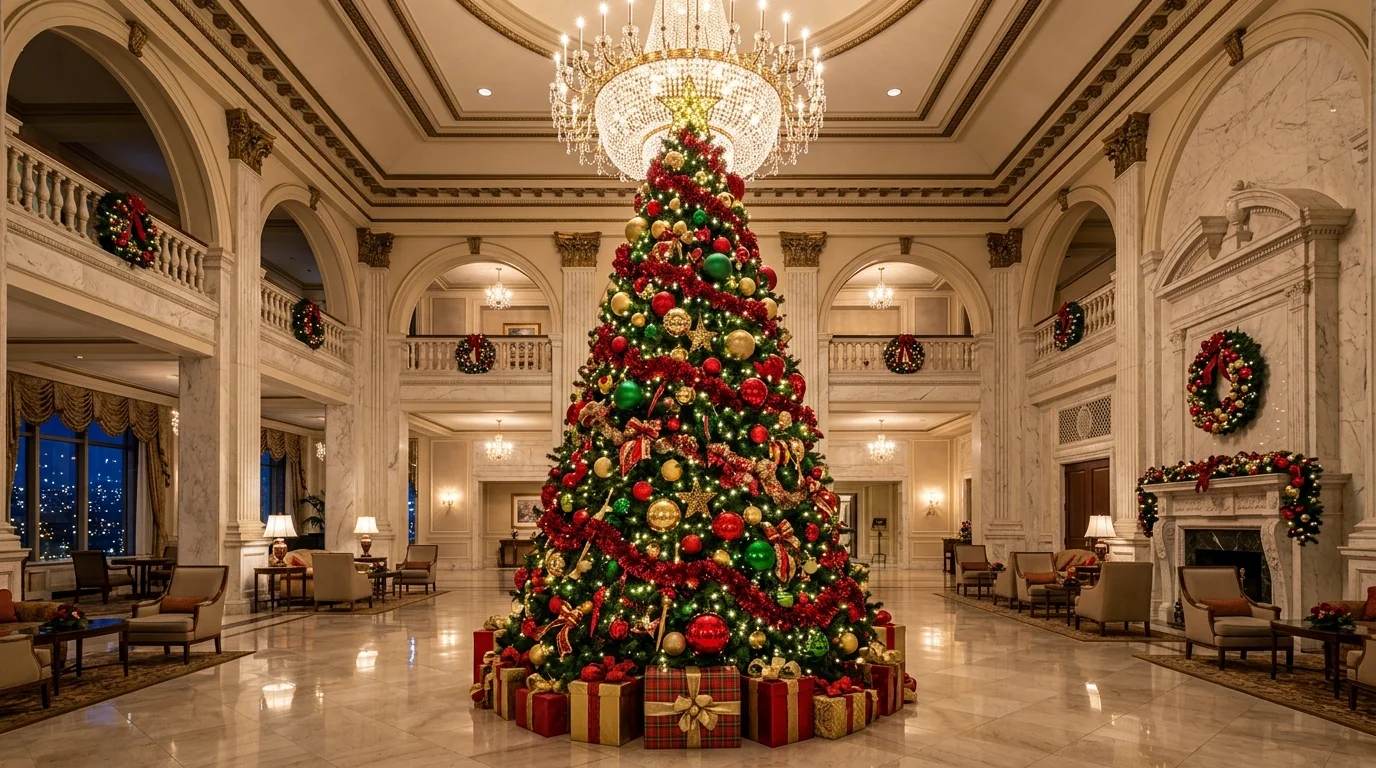 A bold red Christmas tree styled in an entryway with dramatic ornaments and strong festive presence, no people