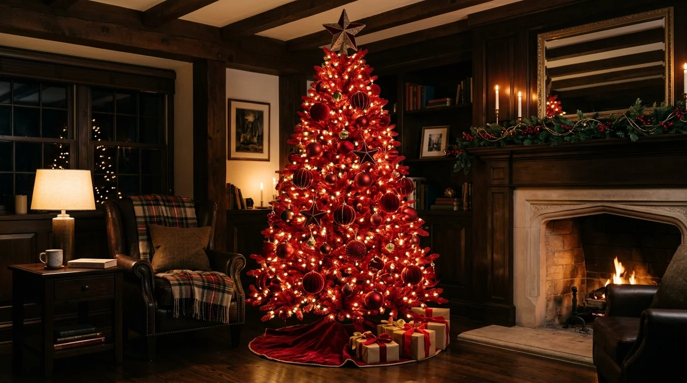 A red Christmas tree mixing matte and glossy red ornaments for dimensional bold holiday styling, no people