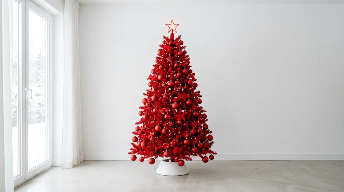 A bold red Christmas tree glowing with warm lights and rich festive depth, no people