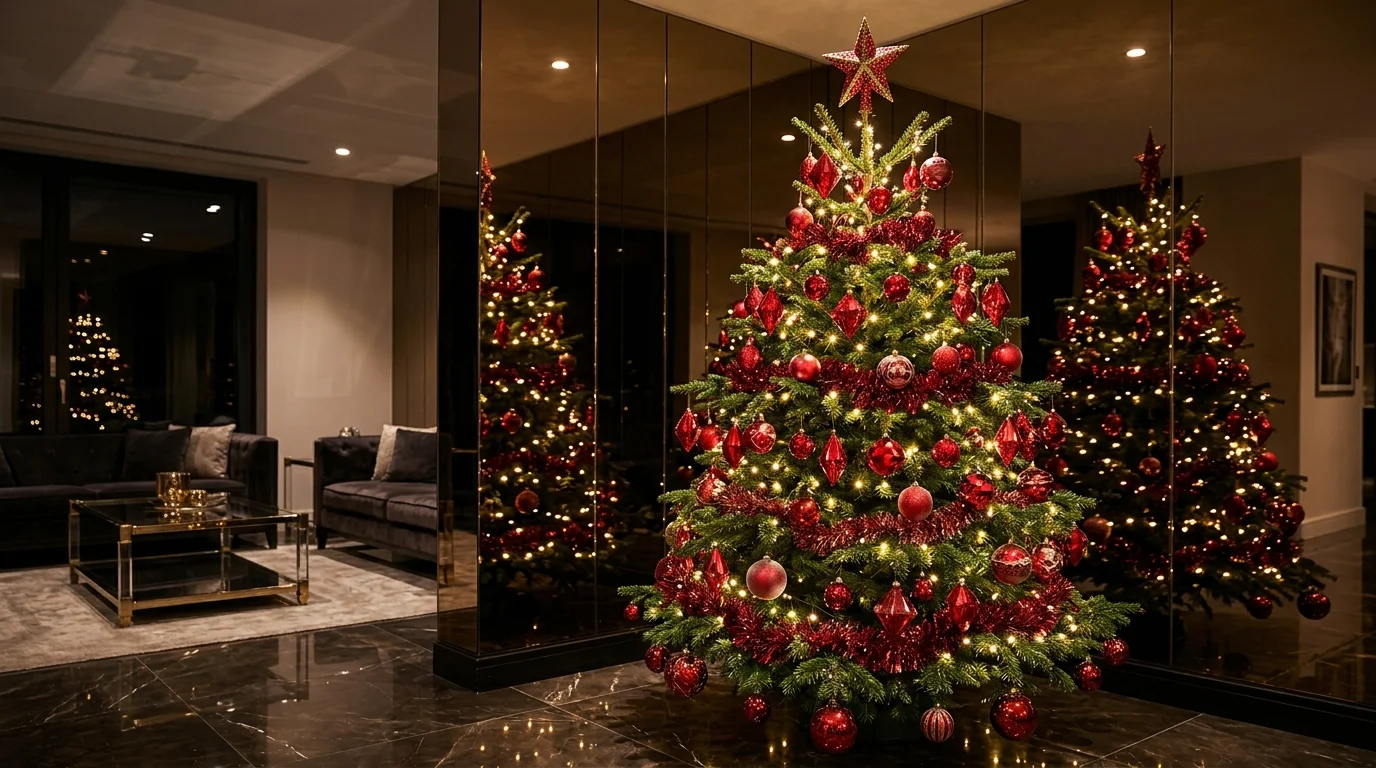 A dramatic red Christmas tree with flowing ribbon, deep red ornaments, and theatrical holiday styling, no people