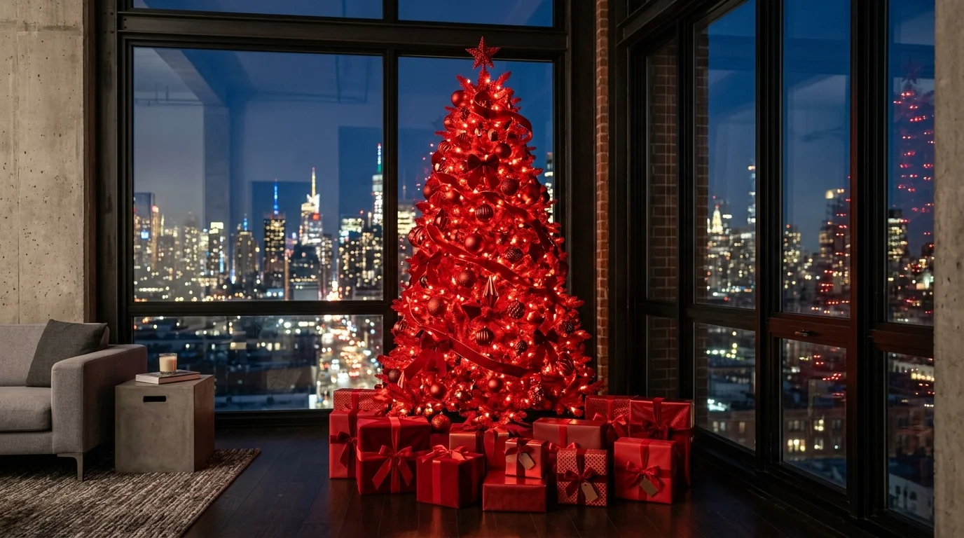 A bold red Christmas tree with black accent details and striking modern holiday contrast, no people