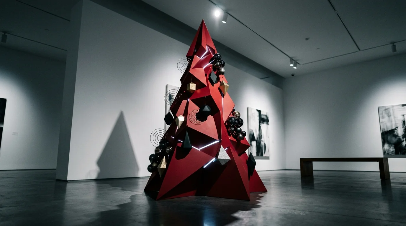 A festive red Christmas tree styled with oversized red ornaments and bold statement holiday design, no people