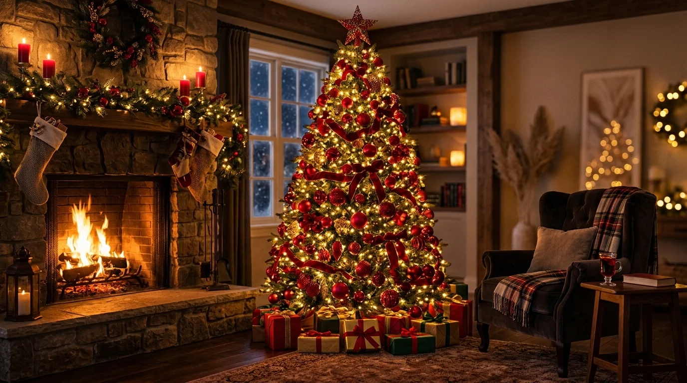 A deep scarlet Christmas tree with dramatic red ornaments and elegant bold holiday ambiance, no people