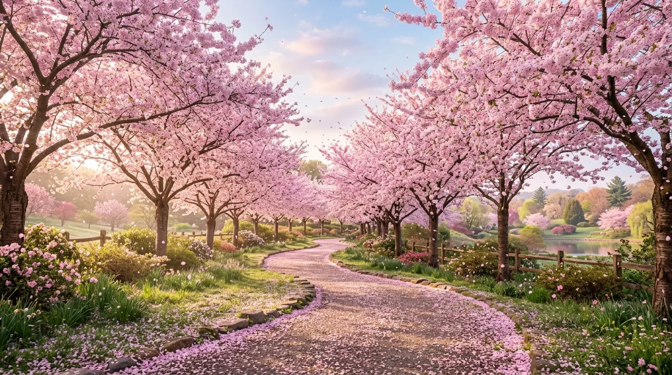 A romantic landscape with one central pink flowering tree, no people