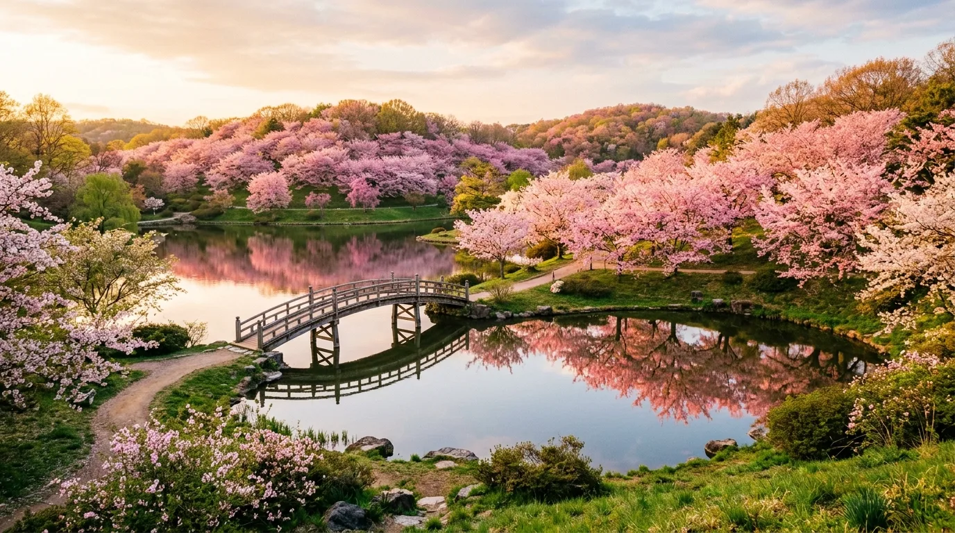 A garden path beneath pink blossoming trees in spring, no people