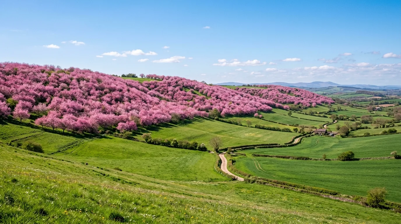 A courtyard landscape softened by pink flowering trees, no people