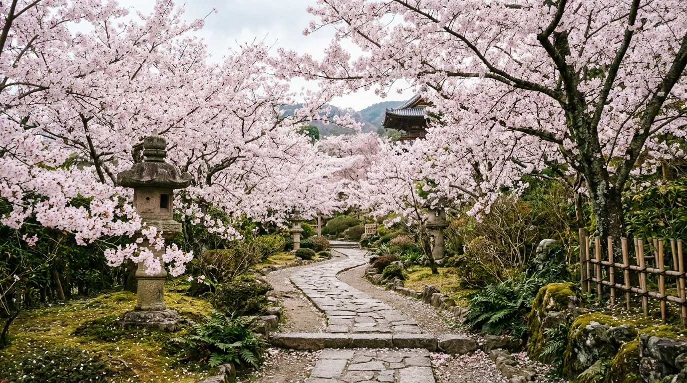 A spring landscape with pink trees along a lawn edge, no people
