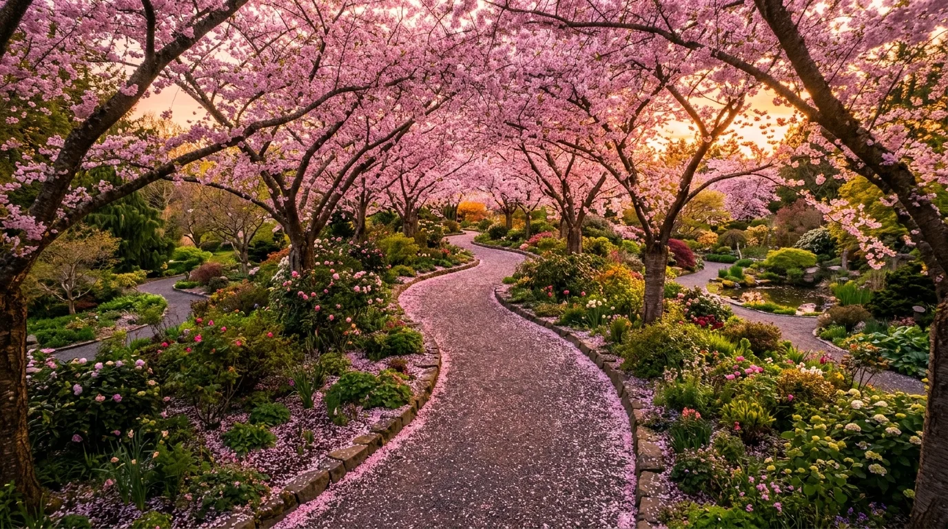 A romantic spring landscape with pink trees reflected in a pond, no people