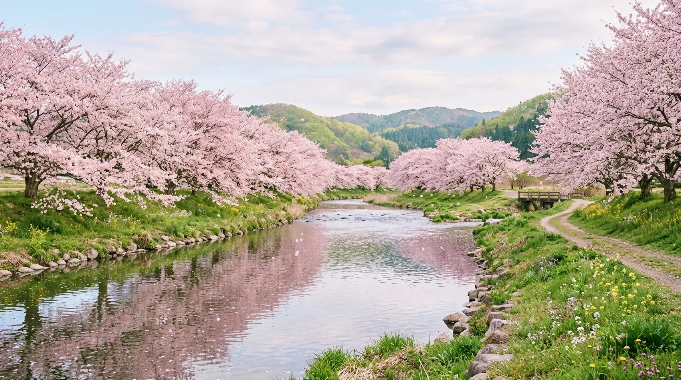 A narrow garden landscape with an airy pink blossoming tree, no people
