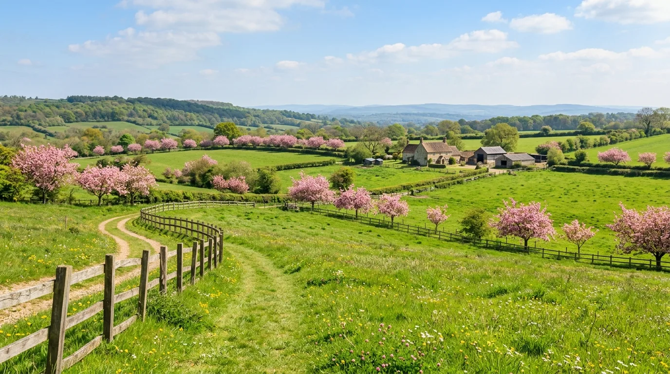 A layered spring border beneath pink flowering trees, no people