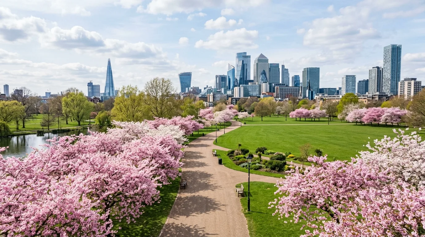 A formal entry with symmetrical pink flowering trees, no people