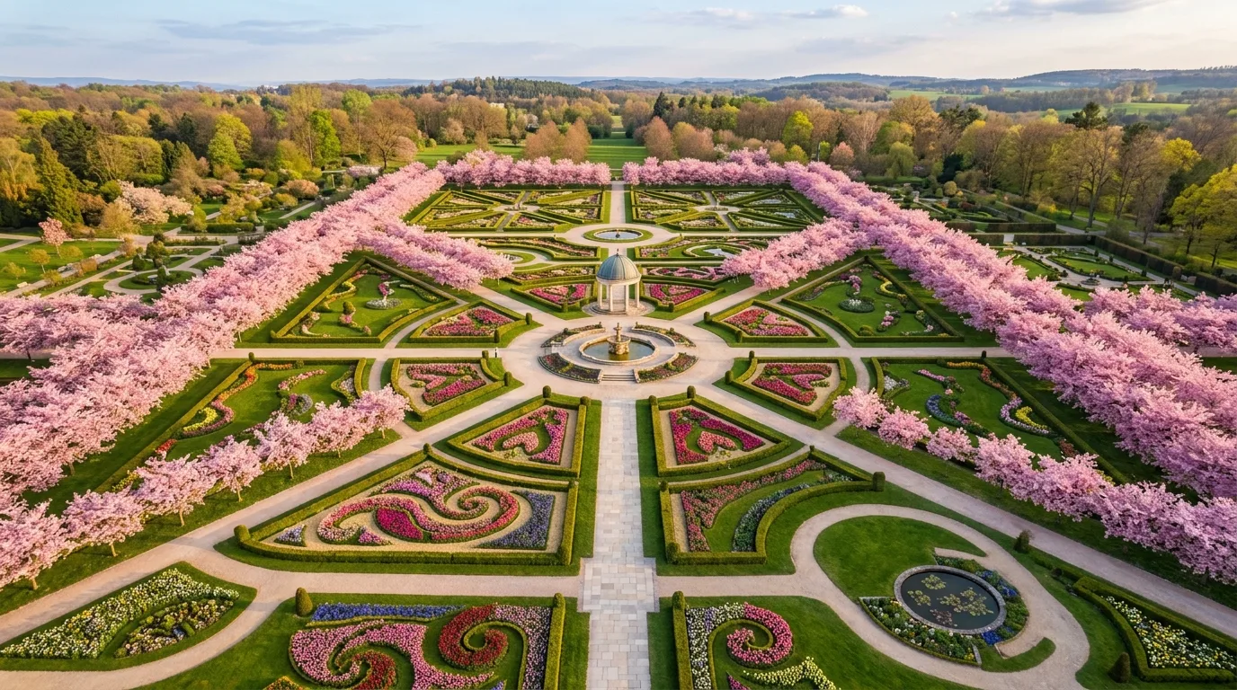 A stone terrace framed by pink flowering trees in spring, no people