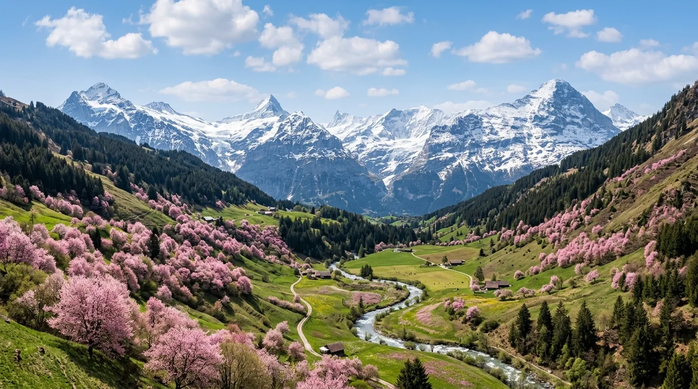 A sloped landscape transformed by pink flowering trees, no people