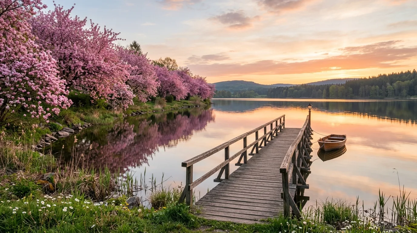 A cottage spring landscape with pink trees and petal soft edges, no people