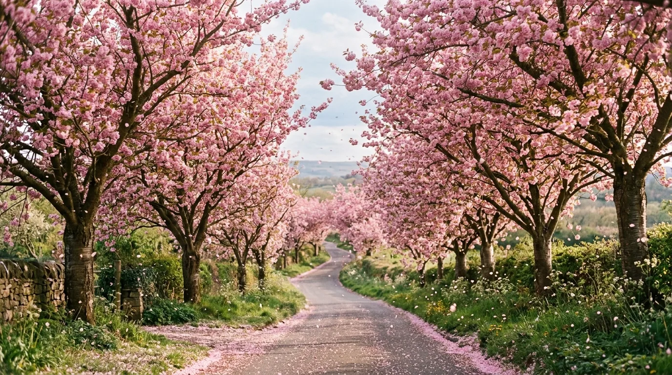 A minimalist landscape with one dramatic pink flowering tree, no people