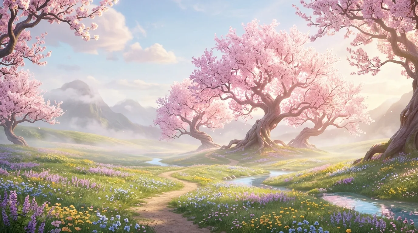 A romantic spring landscape defined by pink flowering trees, no people