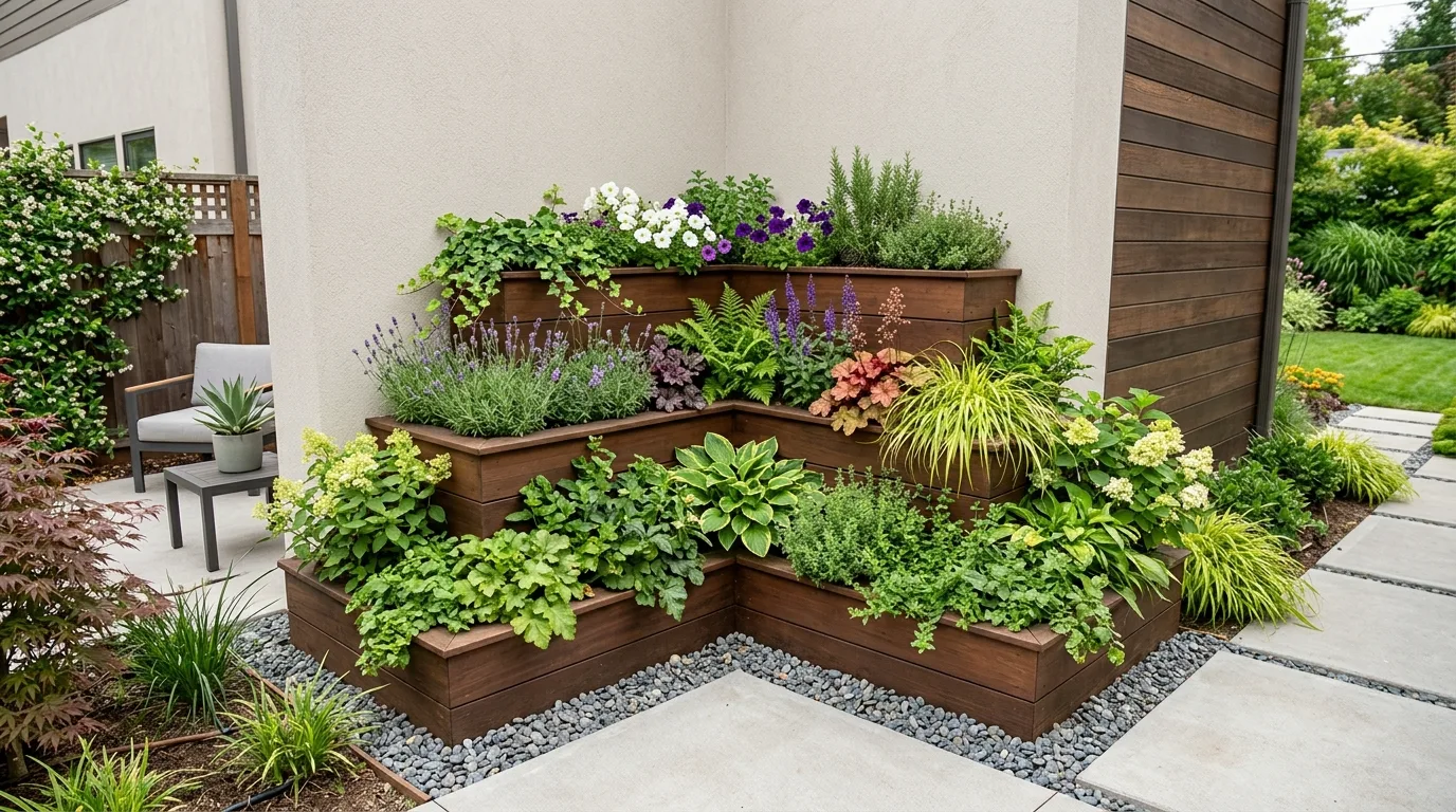 A smart corner landscape with a small tree and curved planted bed, no people