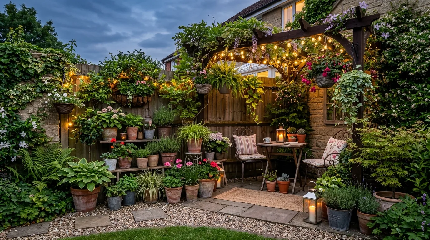 A smart corner landscape with a built in bench retreat, no people