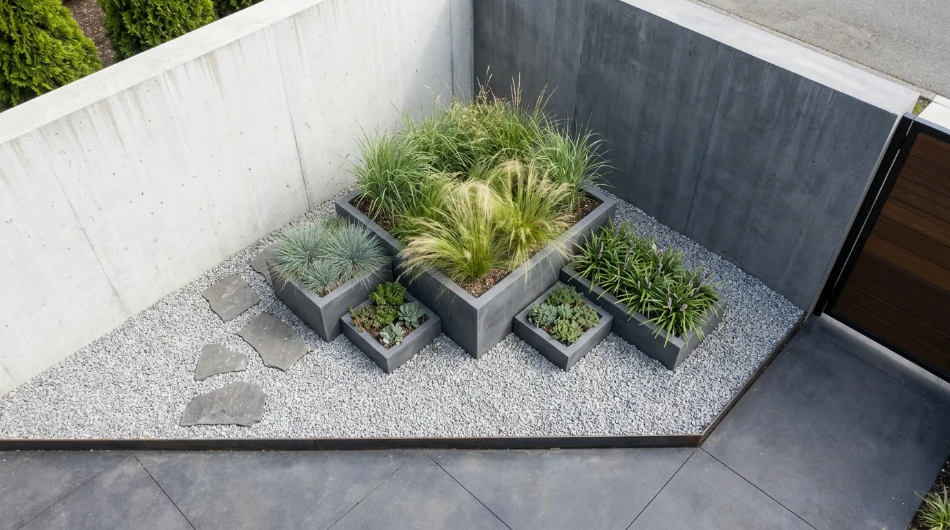 A gravel corner landscape with sculptural pots and grasses, no people