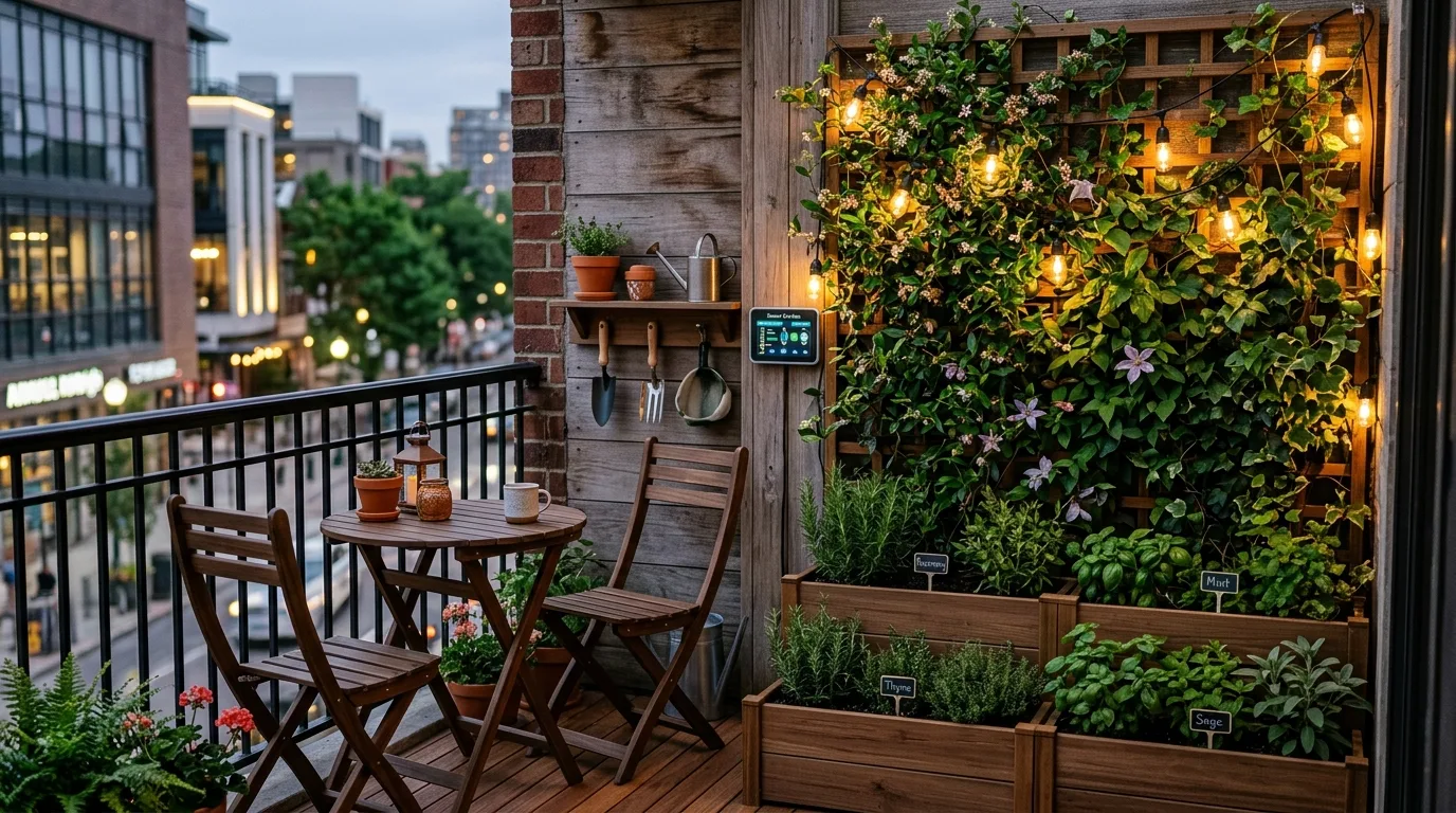 A corner landscape with raised planters for herbs and vegetables, no people