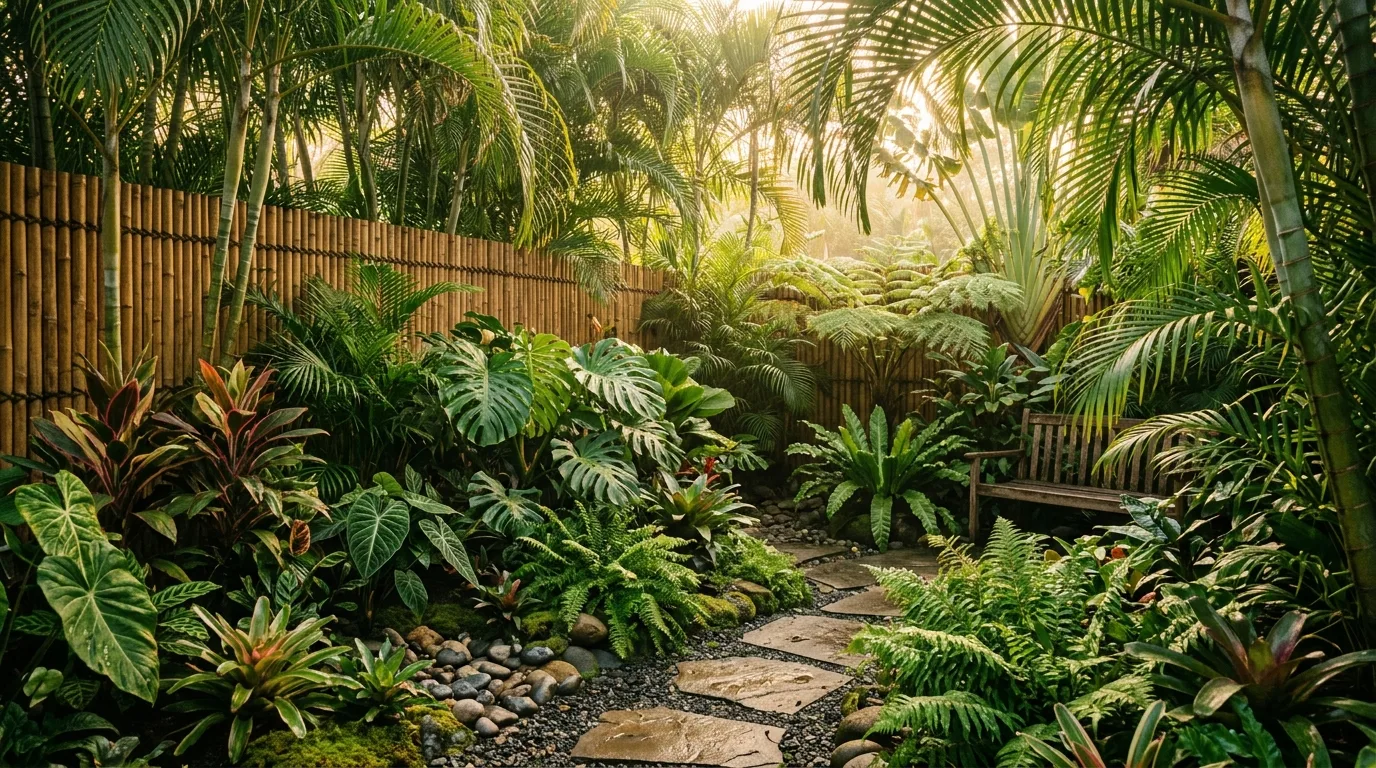 A shaded corner landscape with ferns and dark mulch, no people