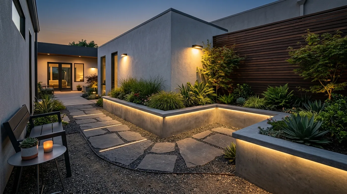 A smart corner landscape with a pergola and climbing plants, no people