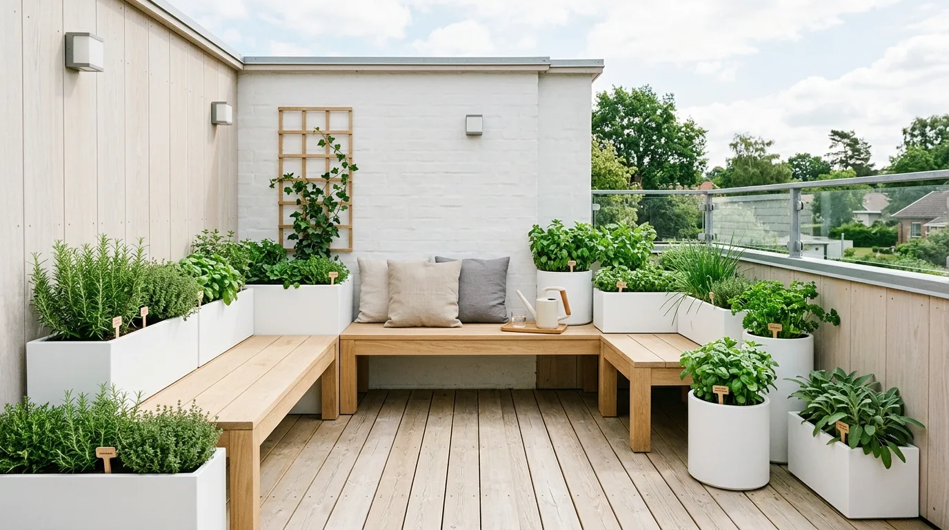 A cozy corner landscape with a small fire pit nook, no people