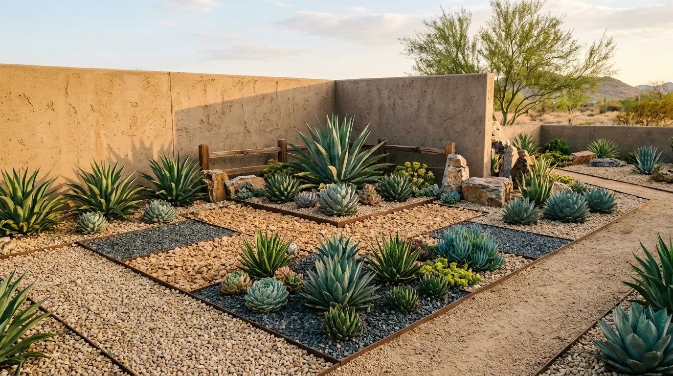 A narrow corner landscape path lined with repeated pots, no people
