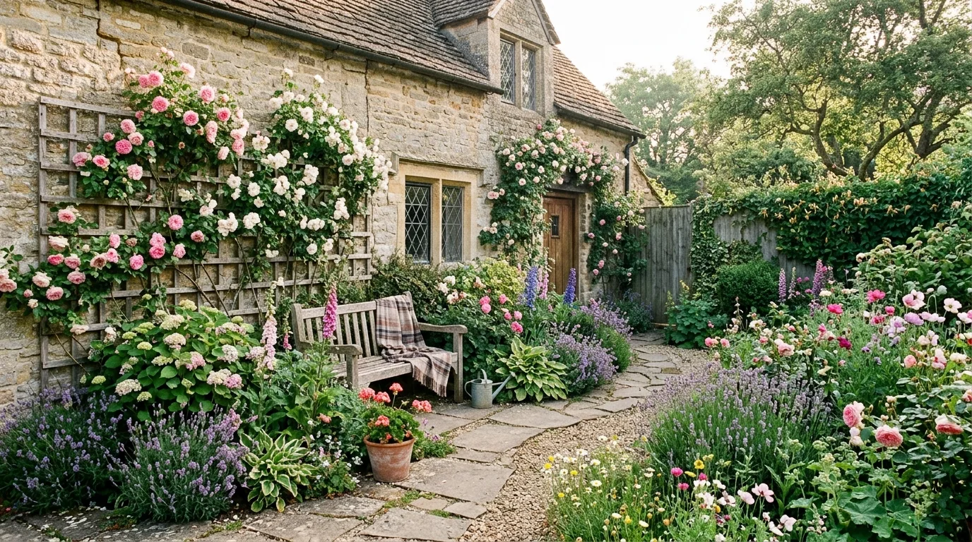A low maintenance corner rock garden with layered texture, no people
