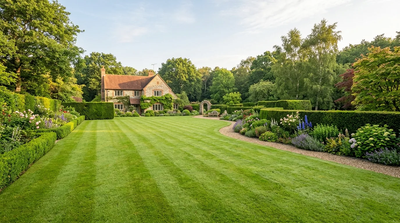 A lush lawn landscape with broad grass and layered planted borders, no people