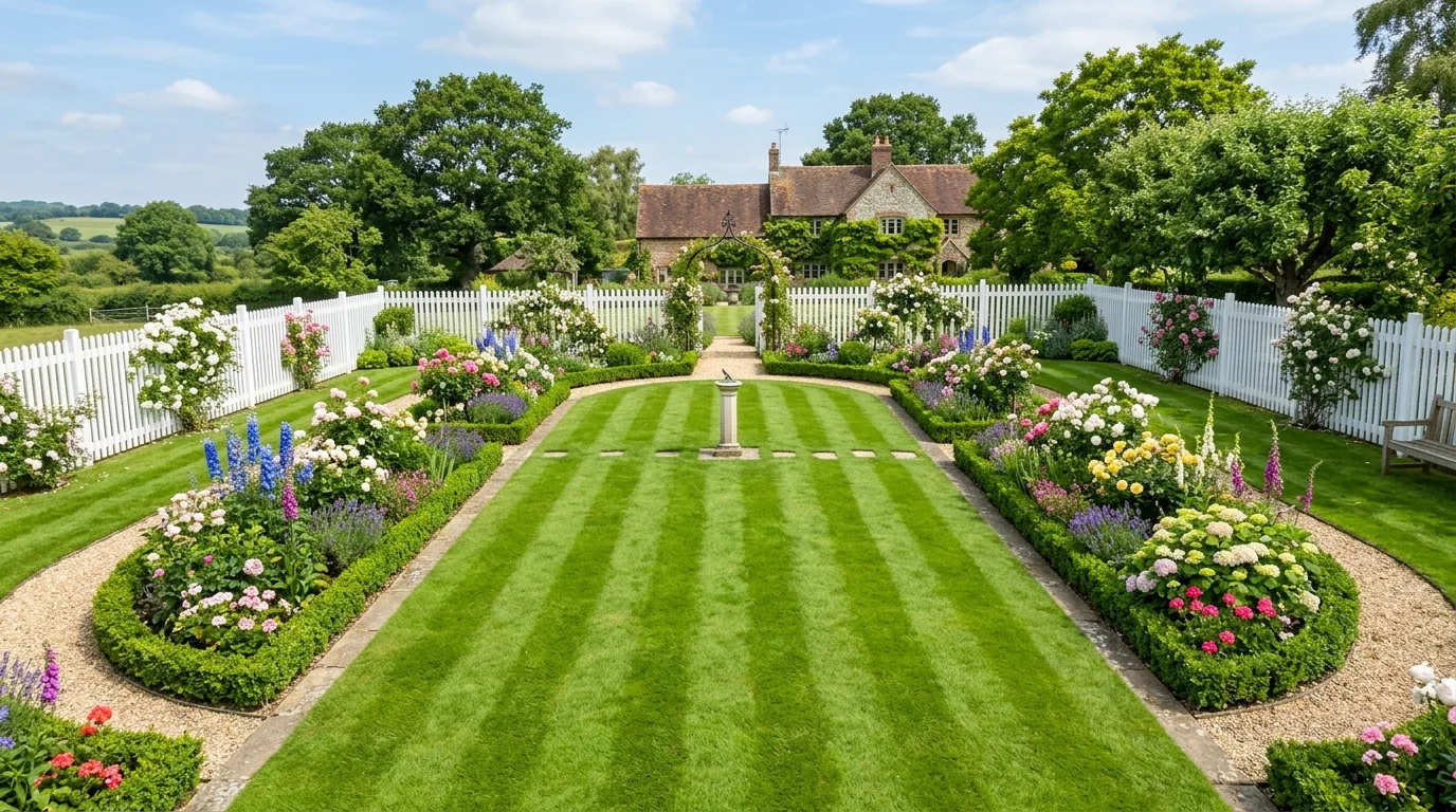 A classic green lawn landscape with crisp rectangular edging, no people