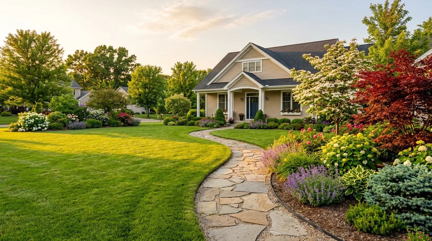 A cottage lawn landscape with a winding grass path, no people