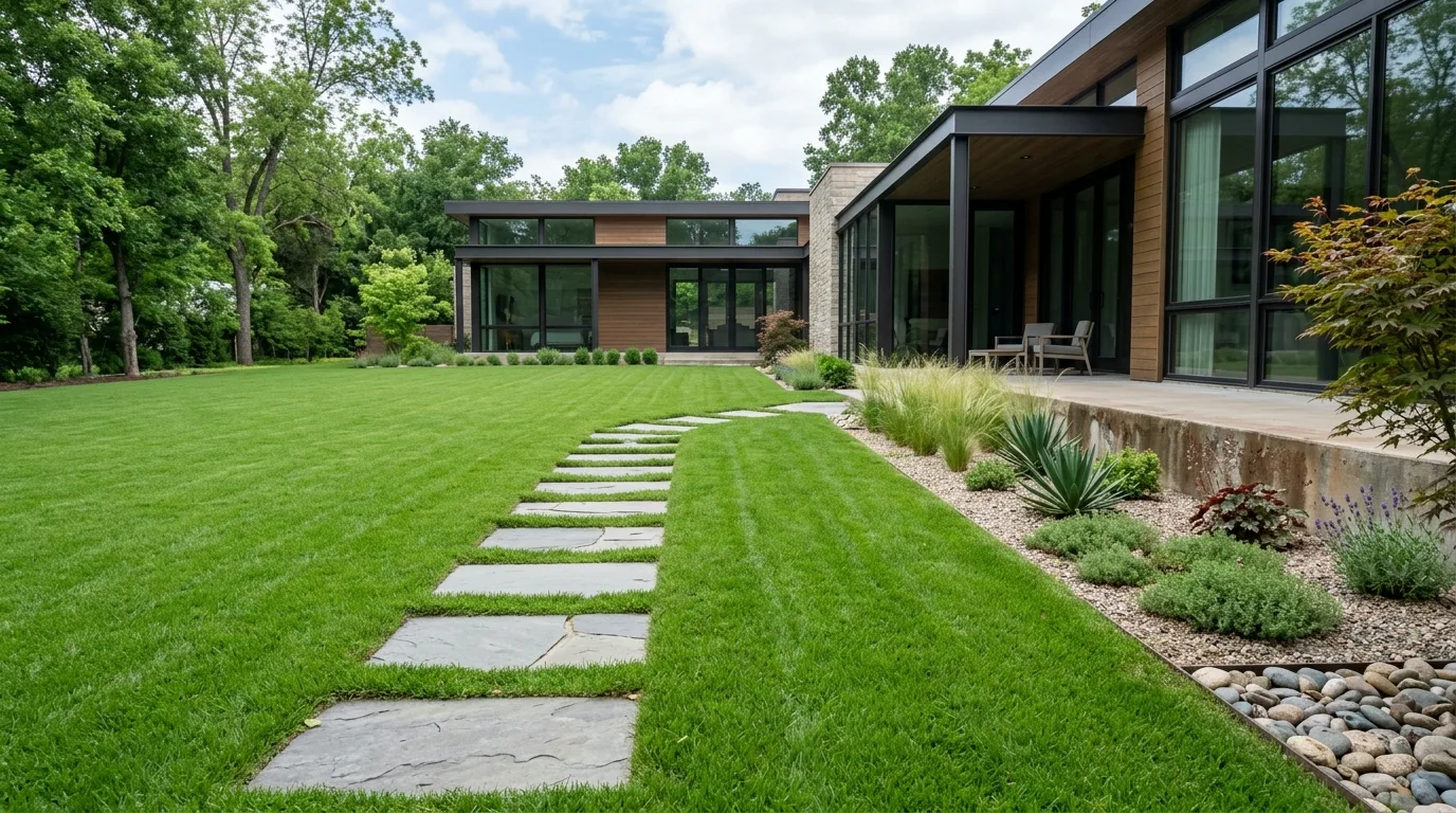 A terraced lawn landscape with low retaining walls, no people