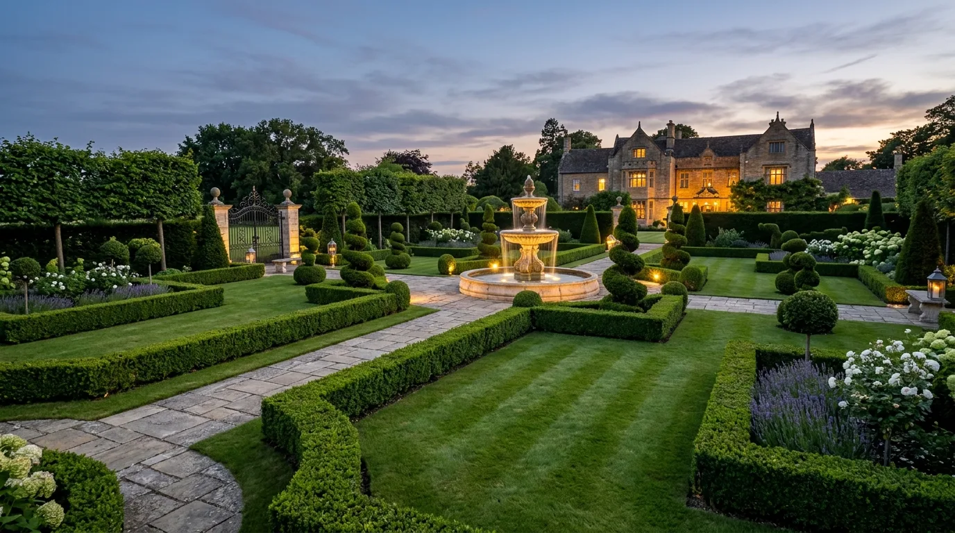 A formal landscape with a circular central lawn, no people