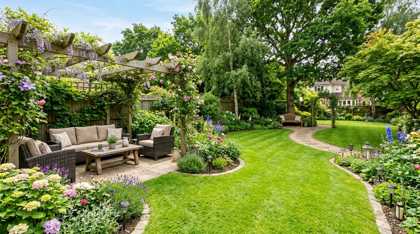 A family friendly lush lawn landscape with edge planting, no people