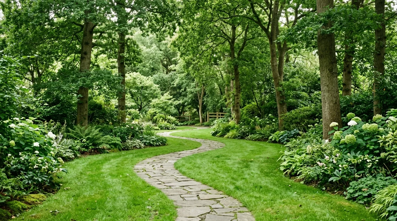 An evening lawn landscape with path lighting and dark trees, no people