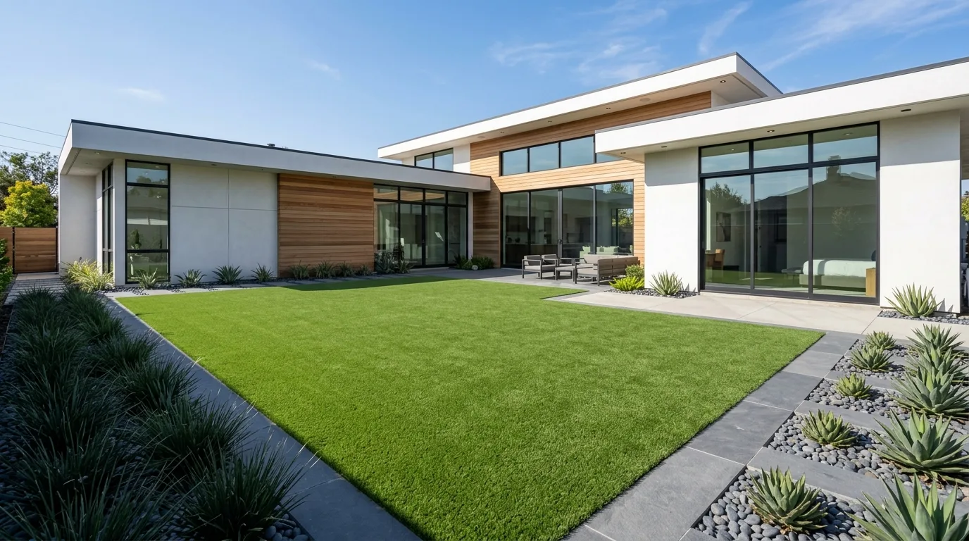 A poolside lush lawn landscape softening hardscape, no people