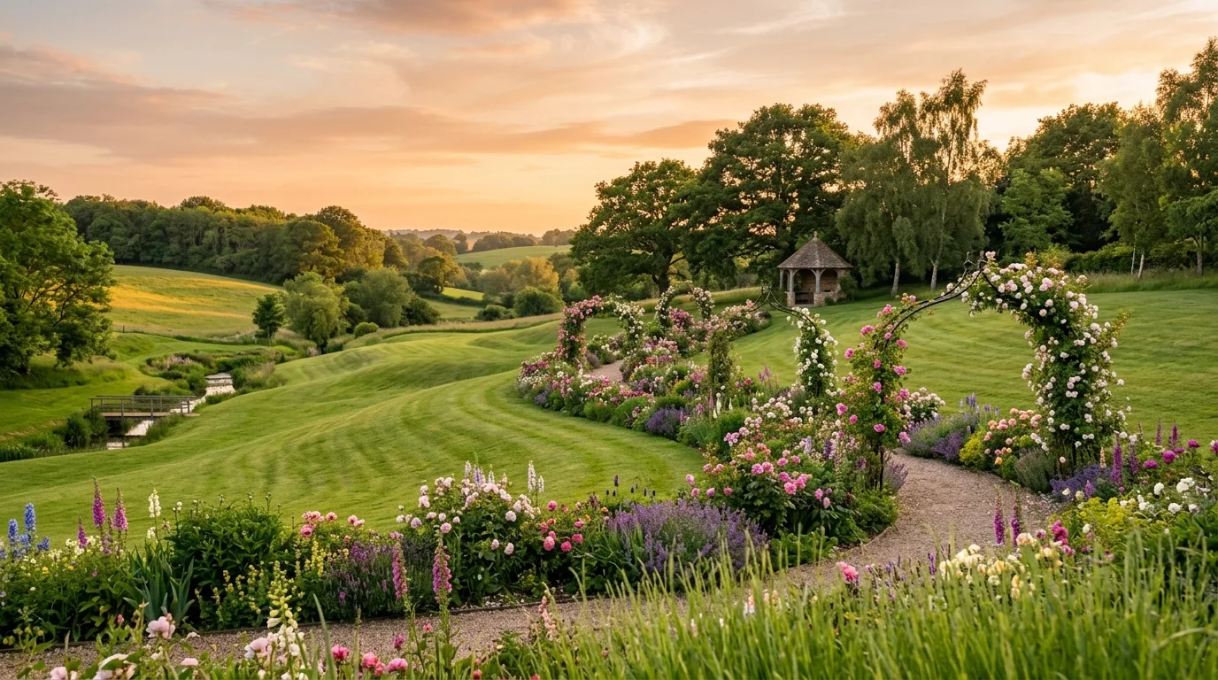 A classic green lawn landscape designed as a calm unifying yard, no people