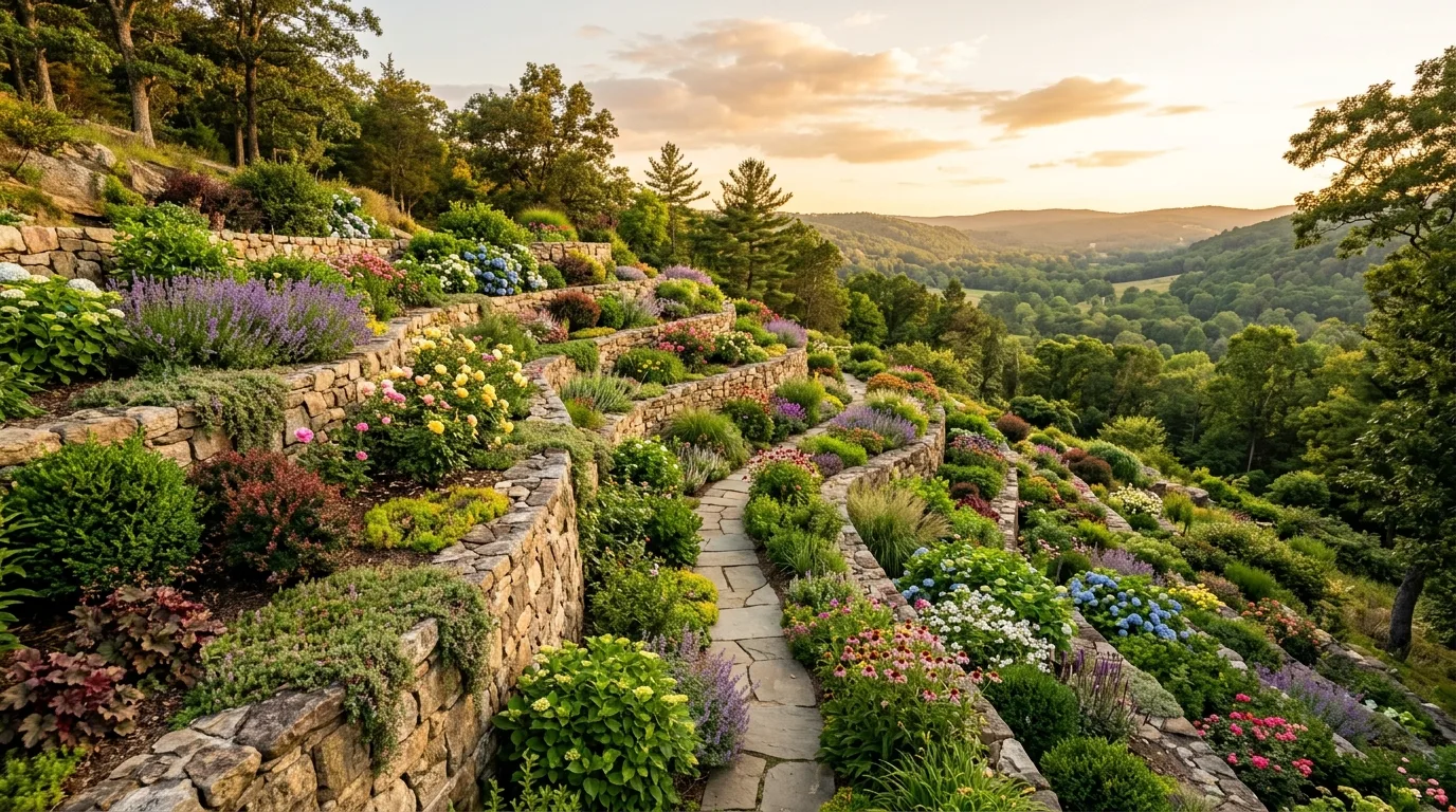 A slope landscape with stone steps and terraced flowers, no people