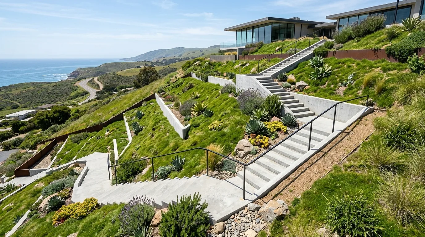 A clever slope landscape with a dry creek bed for drainage, no people
