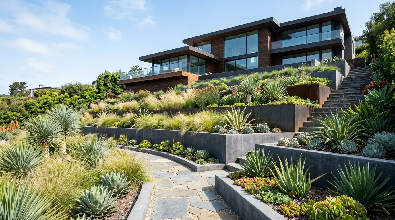 A woodland slope landscape with layered shade planting, no people
