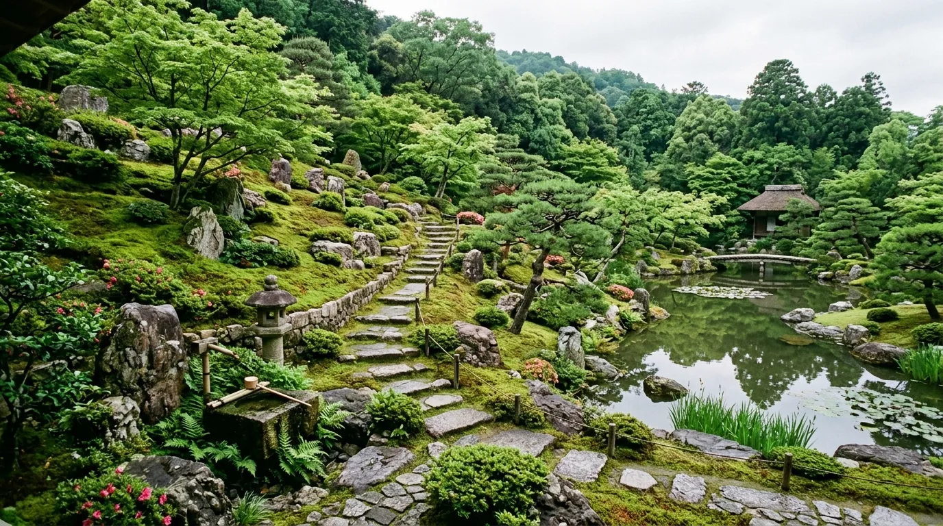A slope landscape with stairs and a small bench landing, no people