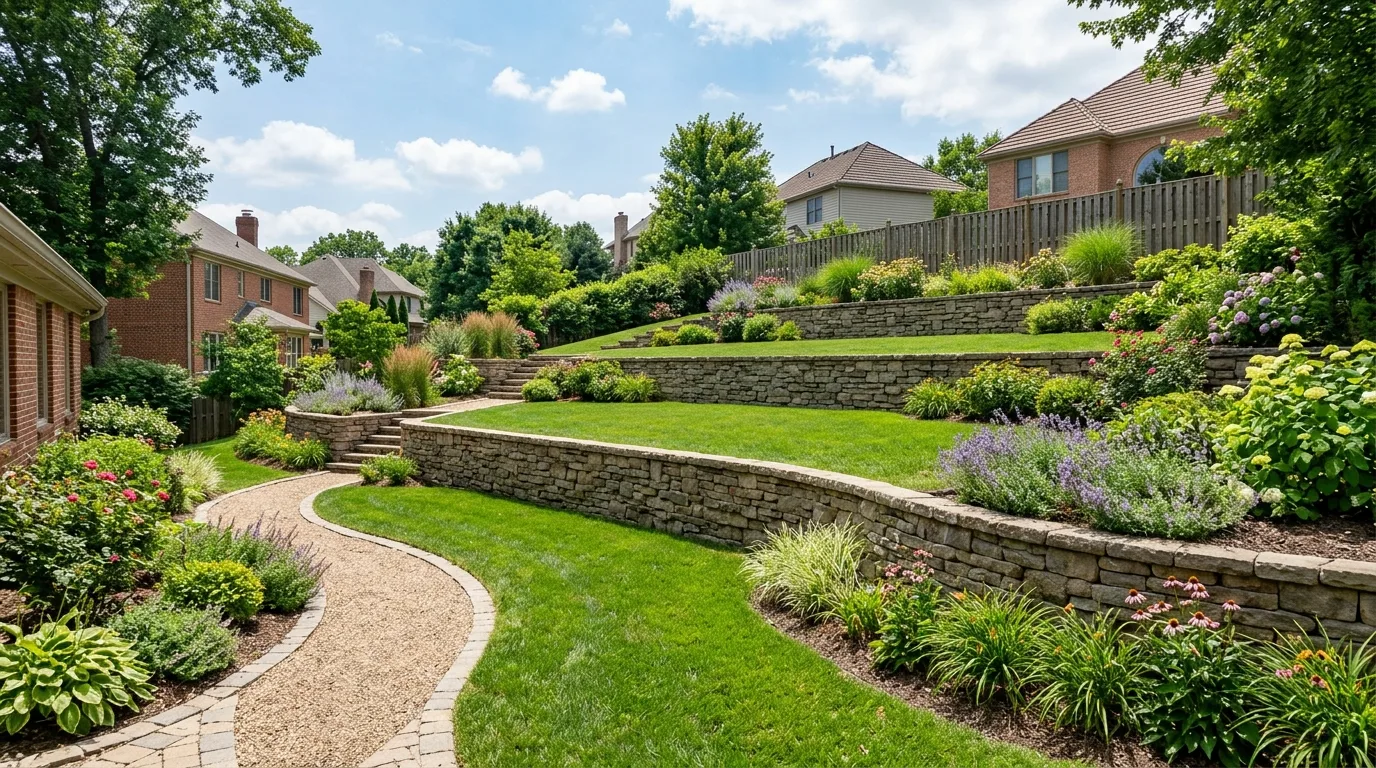 A front yard slope landscape with symmetrical retaining lines, no people