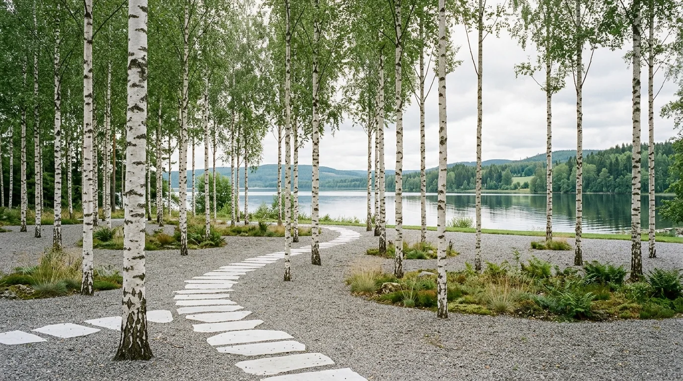 A minimalist Scandinavian landscape with pale gravel and clipped pines, no people