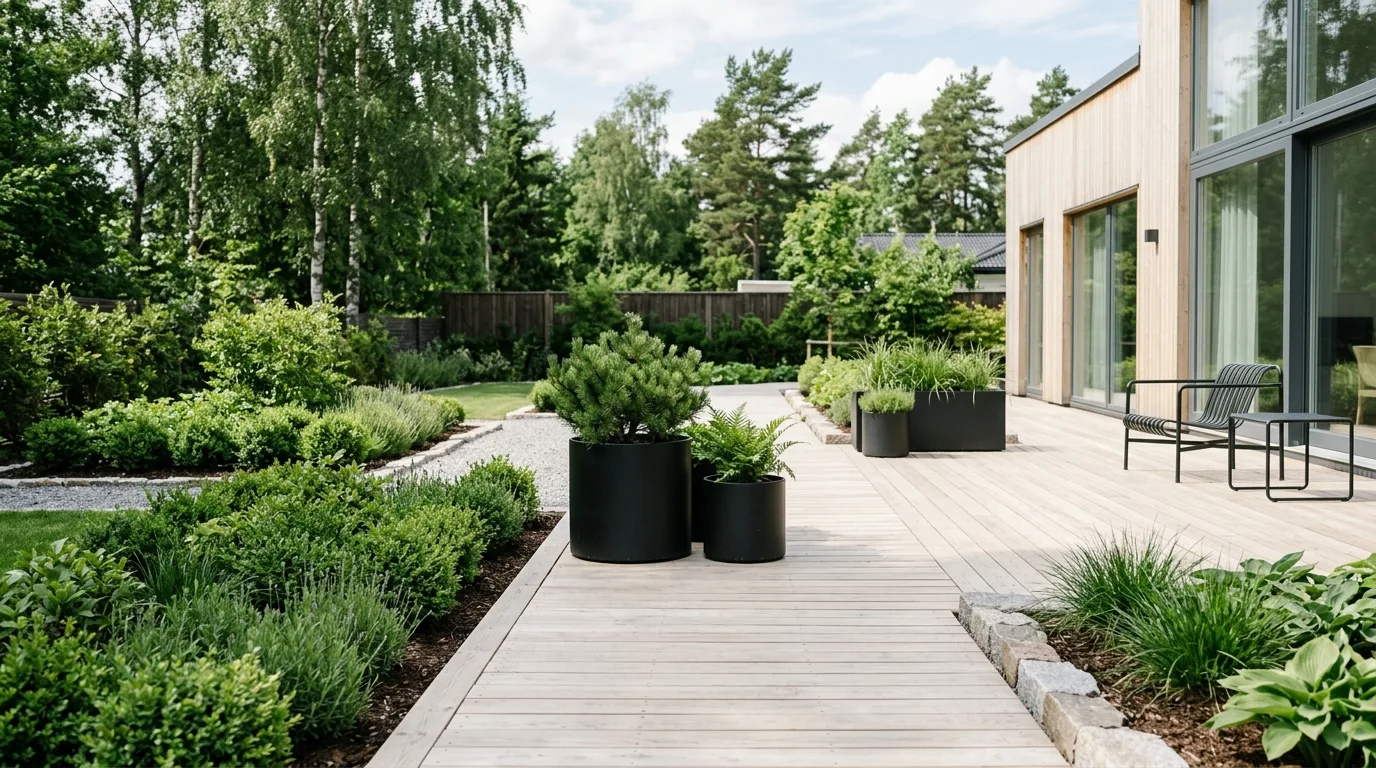 A Scandinavian landscape with a timber deck birches and grasses, no people
