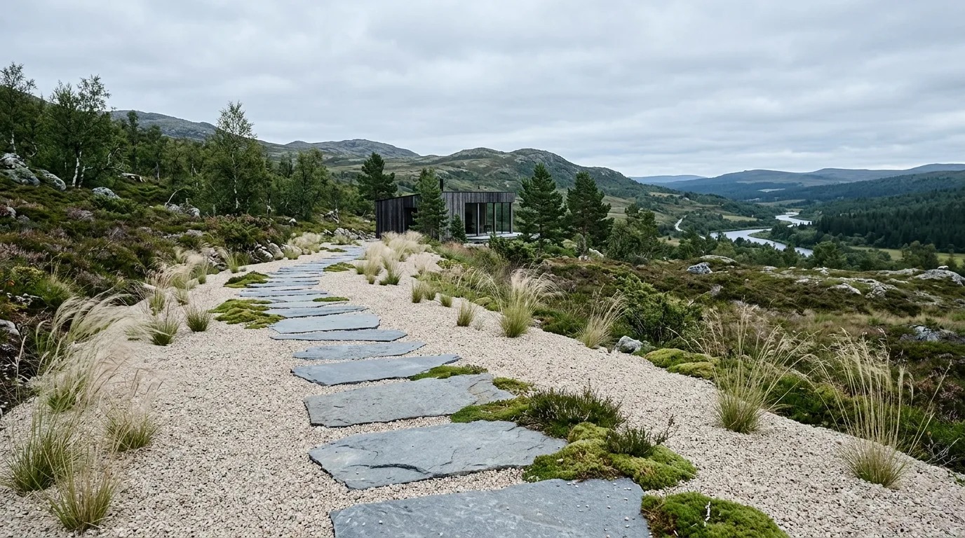 A simple Scandinavian landscape entry with repeated black planters, no people