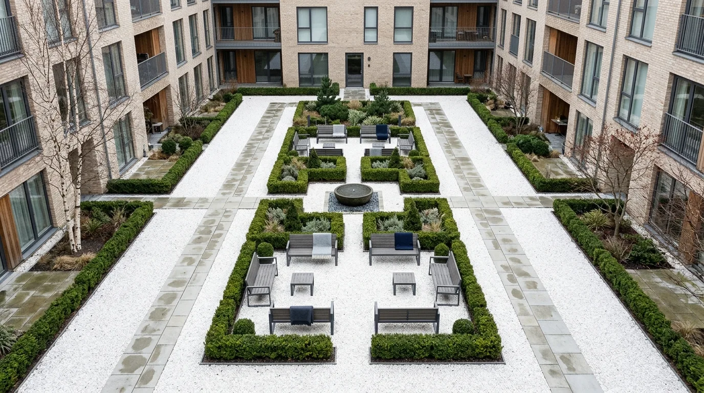 A moody Scandinavian courtyard landscape with stone and wood, no people