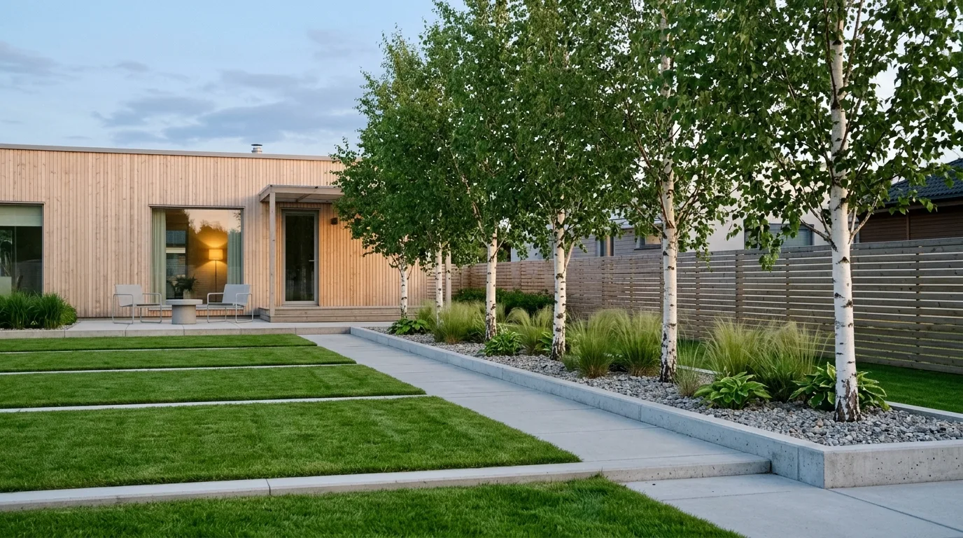 A Scandinavian landscape with clean lawn edging and meadow planting, no people
