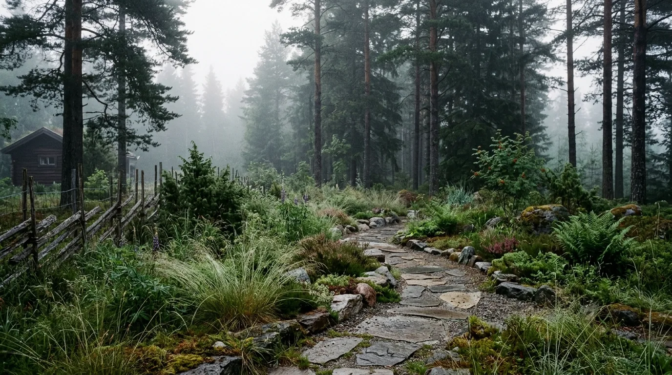 A Scandinavian landscape terrace with a fire bowl and simple seating, no people